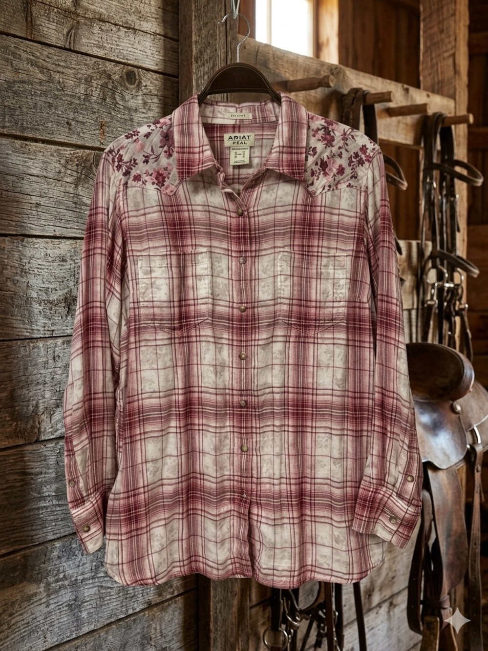 Ariat Pink Plaid Western Snap Shirt with Floral Yoke